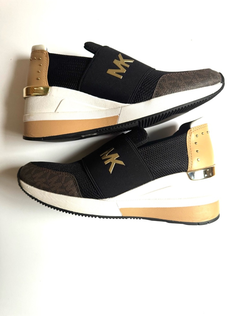 Michael Kors Black and Tan Wedge Slip-On Felix Trainers with Gold Accent - Picture 2 of 8